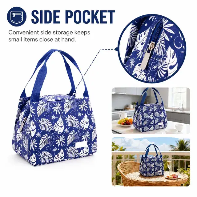 Floral Insulated Lunch Bag with Zipper and Carry Handles (Canvas, 23.5×13×17.5cm) — construction detail 2
