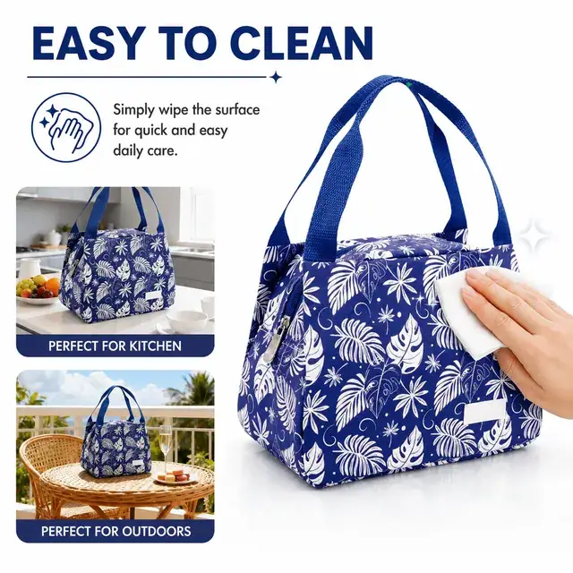 Floral Insulated Lunch Bag with Zipper and Carry Handles (Canvas, 23.5×13×17.5cm) — construction detail 3