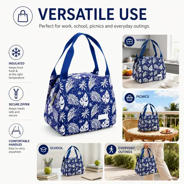 Floral Insulated Lunch Bag with Zipper and Carry Handles (Canvas, 23.5×13×17.5cm) — construction detail 4