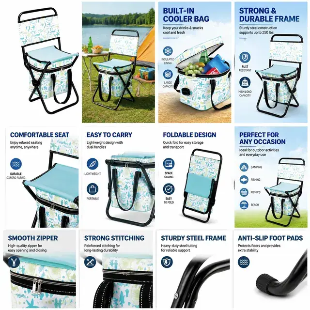 Folding Outdoor Chair with Built-in Cooler Bag Ocean Print 36×35×64cm — product view