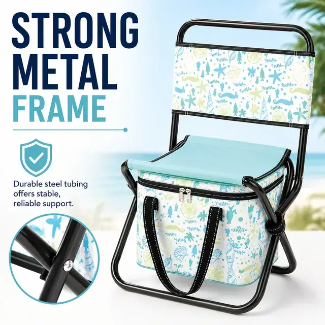 Folding Outdoor Chair with Built-in Cooler Bag Ocean Print 36×35×64cm — construction detail 1