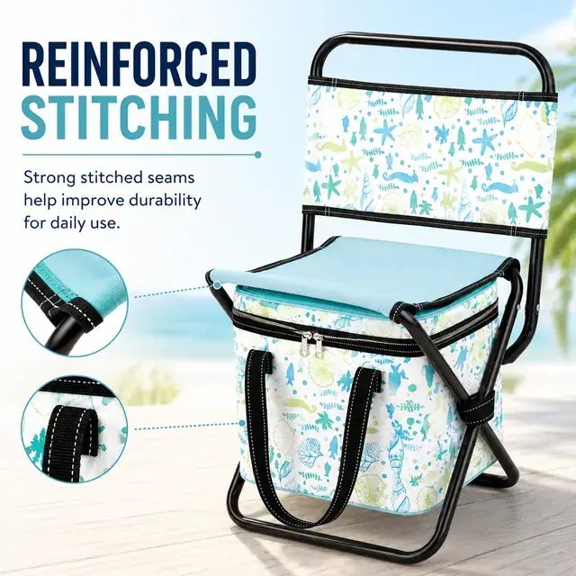 Folding Outdoor Chair with Built-in Cooler Bag Ocean Print 36×35×64cm — construction detail 3