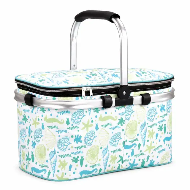 Folding Insulated Cooler Basket for Picnic Camping Shopping 600D+Microfiber 40×21×24cm