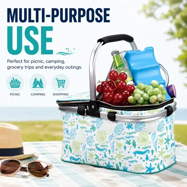 Folding Insulated Cooler Basket for Picnic Camping Shopping 600D+Microfiber 40×21×24cm — construction detail 3