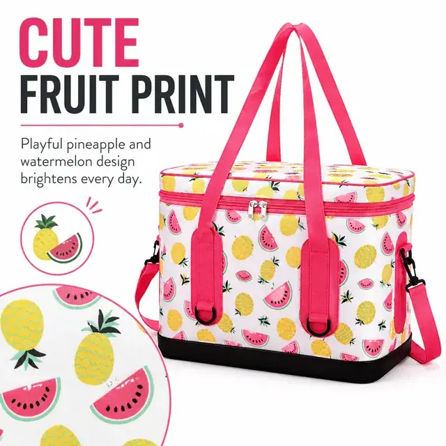 Fruit Print Insulated Lunch Bag with Dual Handles and Strap (Polyester, 43.5×23×32.5cm) — construction detail 1