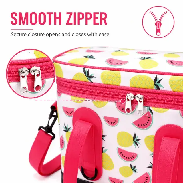 Fruit Print Insulated Lunch Bag with Dual Handles and Strap (Polyester, 43.5×23×32.5cm) — construction detail 2