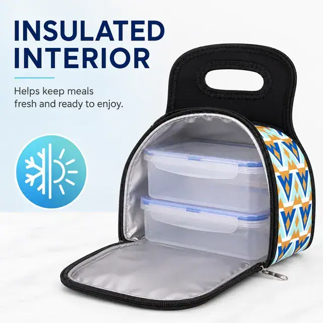 Geometric Insulated Lunch Bag with Zip Closure and Handle (Neoprene, 19.5×16.5×24cm) — construction detail 1