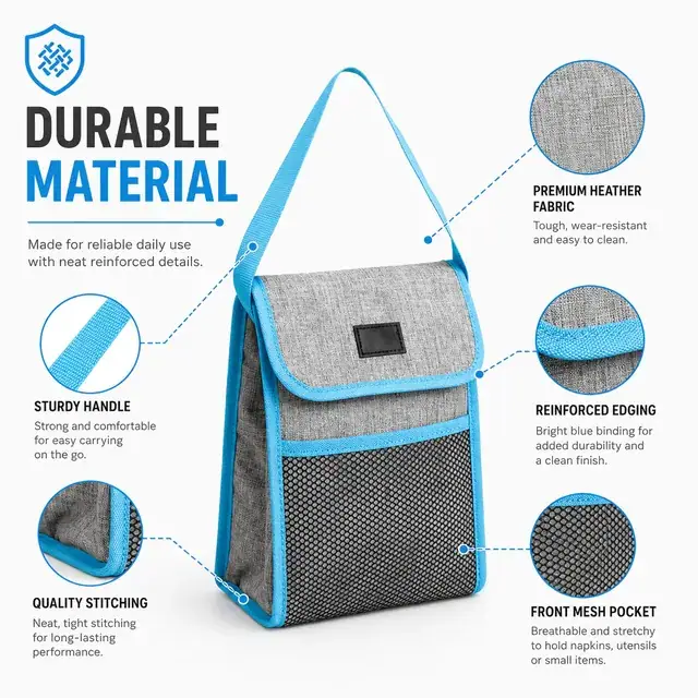 Gray Blue Insulated Lunch Bag with Handle and Pocket (600D Two-Tone Polyester/PVC, 18×9.5×25cm) — construction detail 1