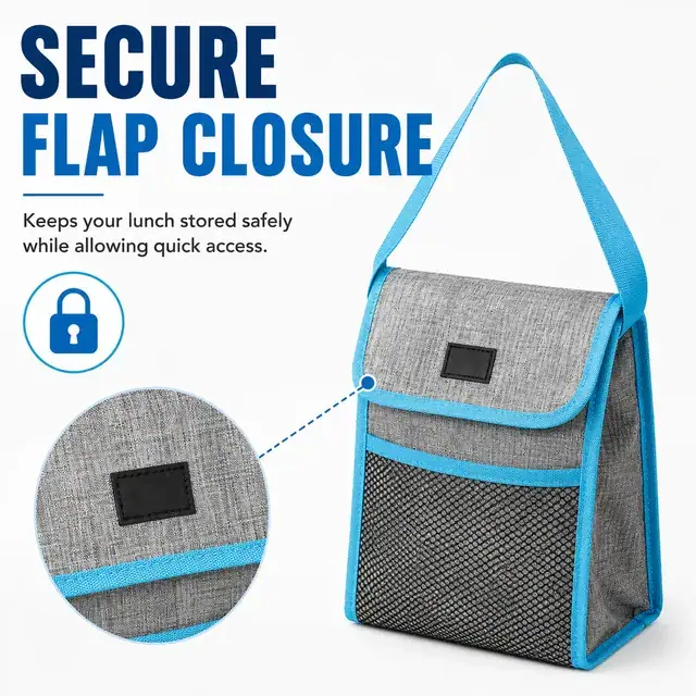 Gray Blue Insulated Lunch Bag with Handle and Pocket (600D Two-Tone Polyester/PVC, 18×9.5×25cm) — construction detail 2