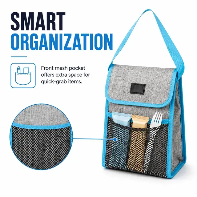 Gray Blue Insulated Lunch Bag with Handle and Pocket (600D Two-Tone Polyester/PVC, 18×9.5×25cm) — construction detail 3