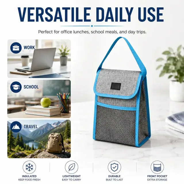 Gray Blue Insulated Lunch Bag with Handle and Pocket (600D Two-Tone Polyester/PVC, 18×9.5×25cm) — construction detail 4