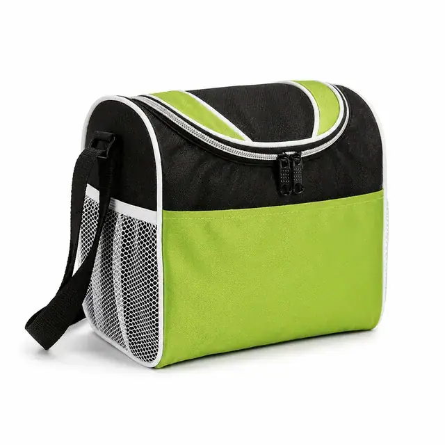 Green and Black Insulated Lunch Bag with Mesh Side Pockets (420D Jacquard, 23×17.5×22.5cm) — product view