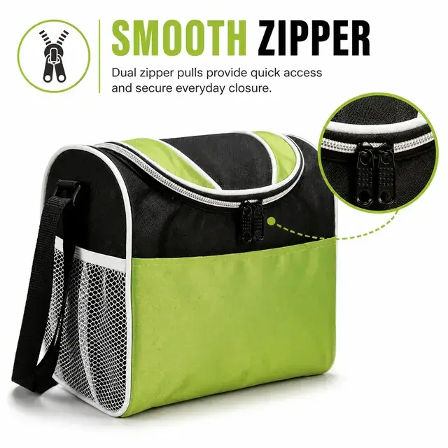 Green and Black Insulated Lunch Bag with Mesh Side Pockets (420D Jacquard, 23×17.5×22.5cm) — construction detail 1