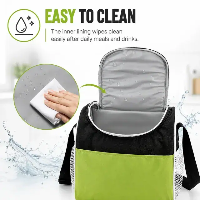 Green and Black Insulated Lunch Bag with Mesh Side Pockets (420D Jacquard, 23×17.5×22.5cm) — construction detail 2