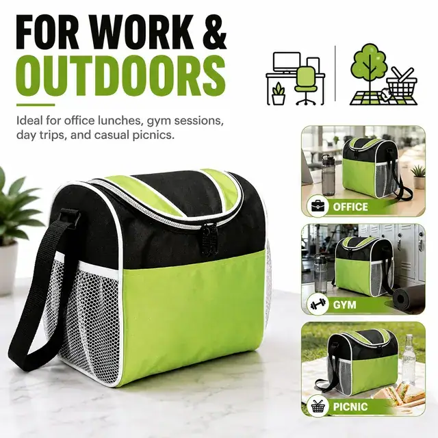 Green and Black Insulated Lunch Bag with Mesh Side Pockets (420D Jacquard, 23×17.5×22.5cm) — construction detail 3
