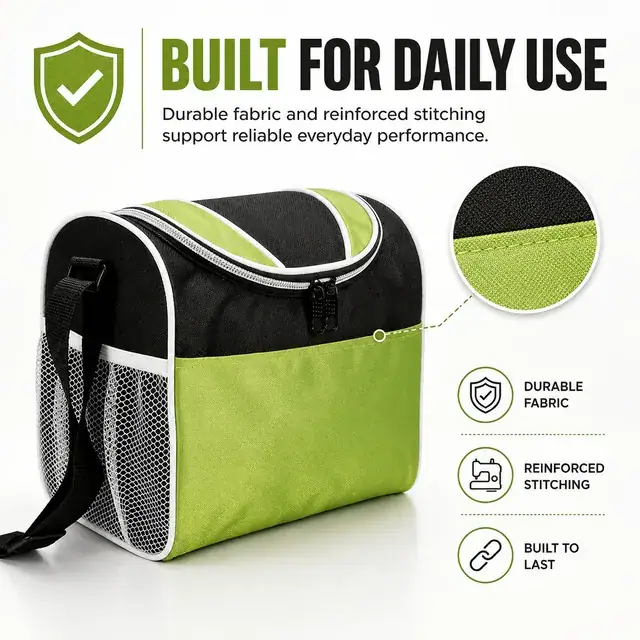 Green and Black Insulated Lunch Bag with Mesh Side Pockets (420D Jacquard, 23×17.5×22.5cm) — construction detail 4