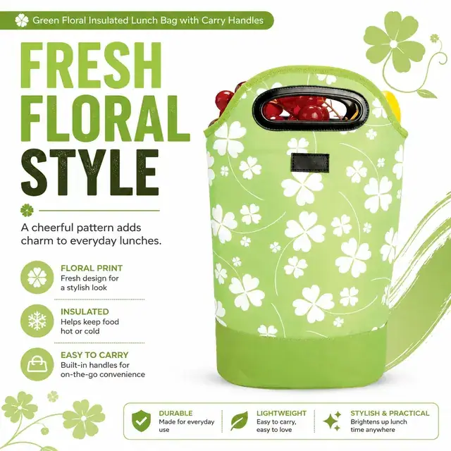 Green Floral Insulated Lunch Bag with Carry Handles (Microfiber, (30+22)×11.5×42.5cm) — construction detail 2