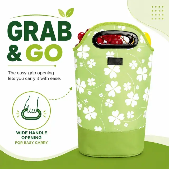Green Floral Insulated Lunch Bag with Carry Handles (Microfiber, (30+22)×11.5×42.5cm) — construction detail 3