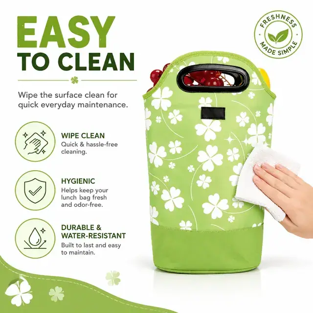 Green Floral Insulated Lunch Bag with Carry Handles (Microfiber, (30+22)×11.5×42.5cm) — construction detail 4