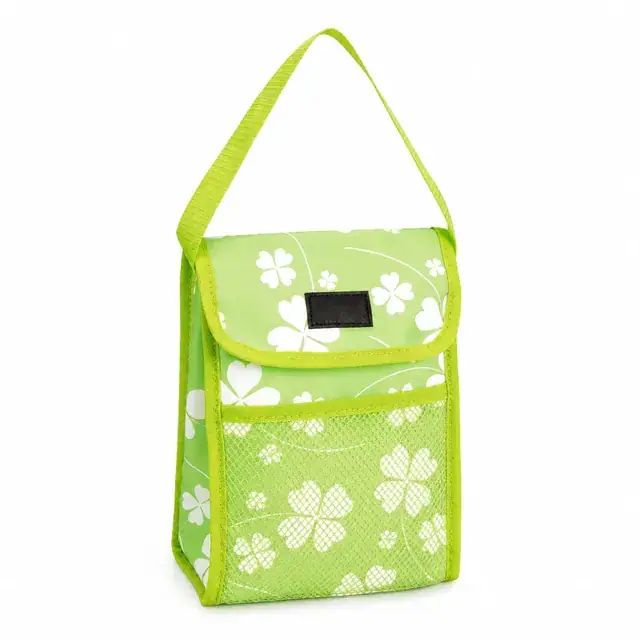 Green Floral Insulated Lunch Bag with Flap Closure and Mesh Pocket (Microfiber, 18×9.5×25cm) — product view