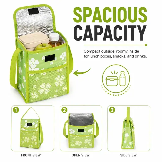 Green Floral Insulated Lunch Bag with Flap Closure and Mesh Pocket (Microfiber, 18×9.5×25cm) — construction detail 1