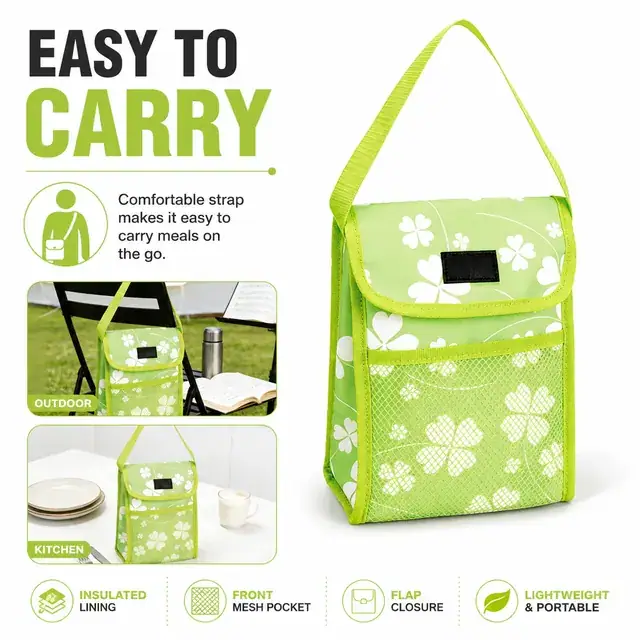 Green Floral Insulated Lunch Bag with Flap Closure and Mesh Pocket (Microfiber, 18×9.5×25cm) — construction detail 2