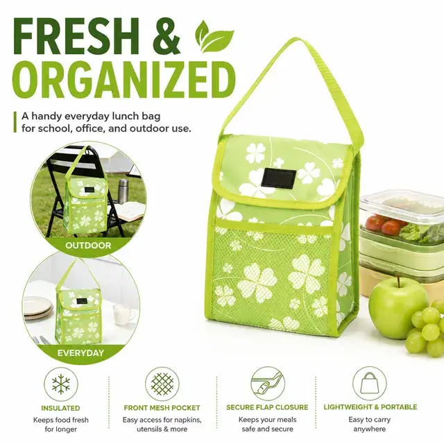 Green Floral Insulated Lunch Bag with Flap Closure and Mesh Pocket (Microfiber, 18×9.5×25cm) — construction detail 3