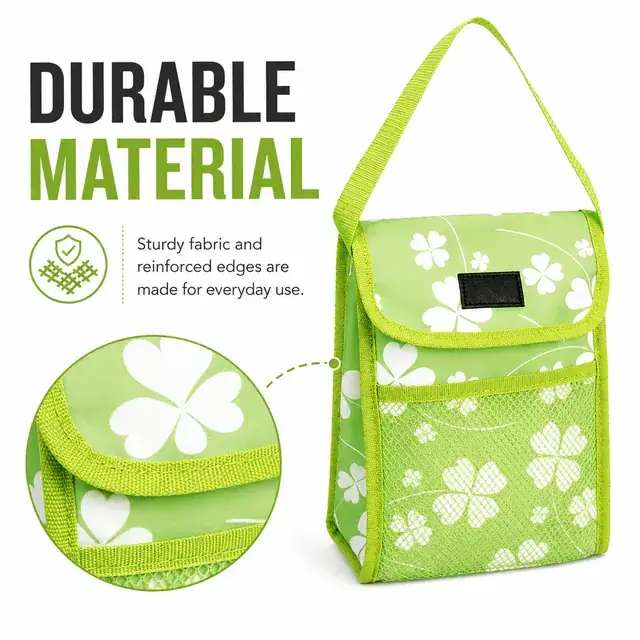 Green Floral Insulated Lunch Bag with Flap Closure and Mesh Pocket (Microfiber, 18×9.5×25cm) — construction detail 4