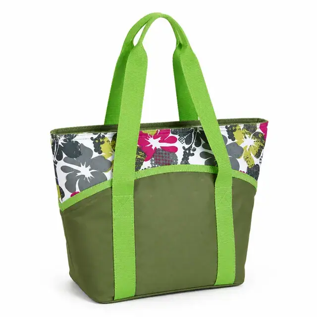 Green Floral Insulated Lunch Bag with Sturdy Handles (600D Polyester, 35.5×13×24cm) — product view