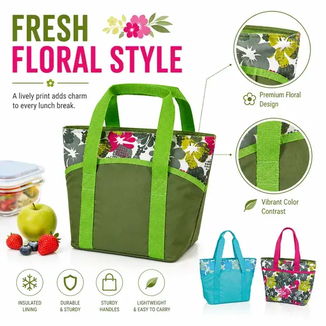 Green Floral Insulated Lunch Bag with Sturdy Handles (600D Polyester, 35.5×13×24cm) — construction detail 1