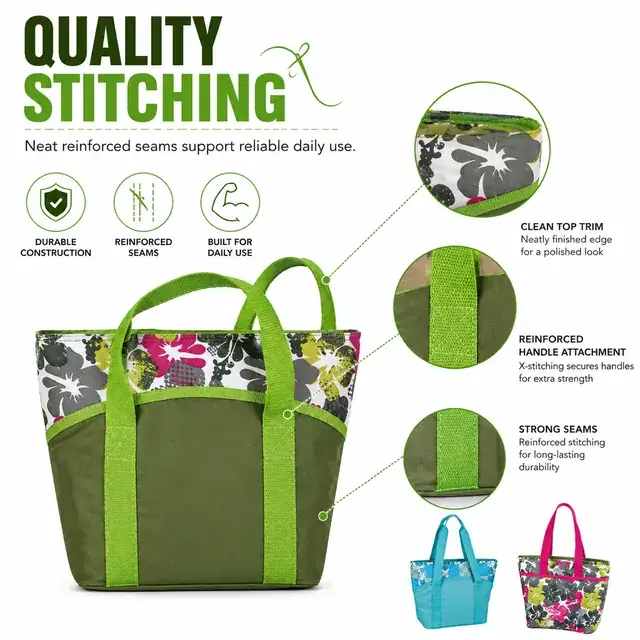 Green Floral Insulated Lunch Bag with Sturdy Handles (600D Polyester, 35.5×13×24cm) — construction detail 2