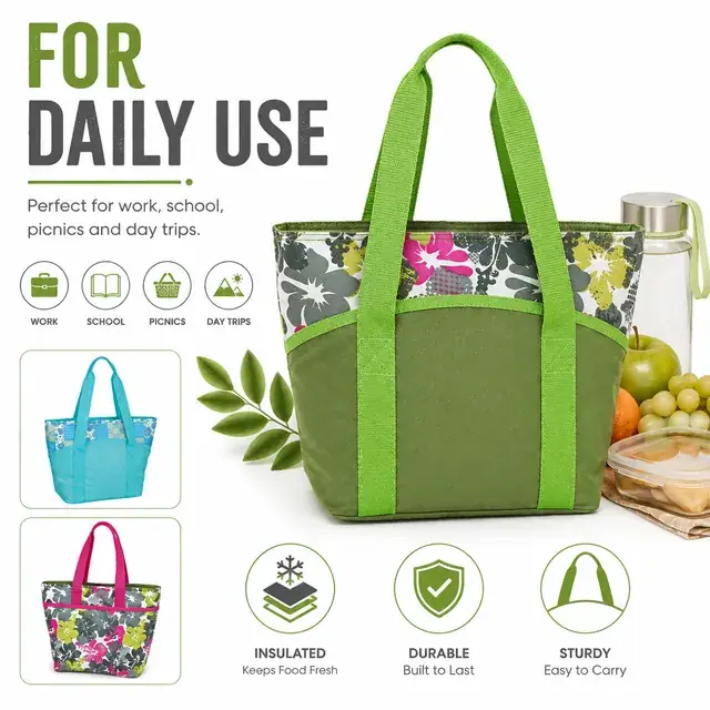 Green Floral Insulated Lunch Bag with Sturdy Handles (600D Polyester, 35.5×13×24cm) — construction detail 3