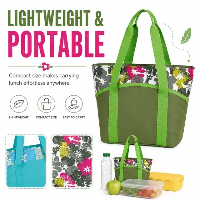 Green Floral Insulated Lunch Bag with Sturdy Handles (600D Polyester, 35.5×13×24cm) — construction detail 4