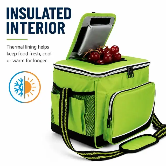 Green Insulated Lunch Bag with Adjustable Shoulder Strap (420D Jacquard, 30×20×24cm) — construction detail 1