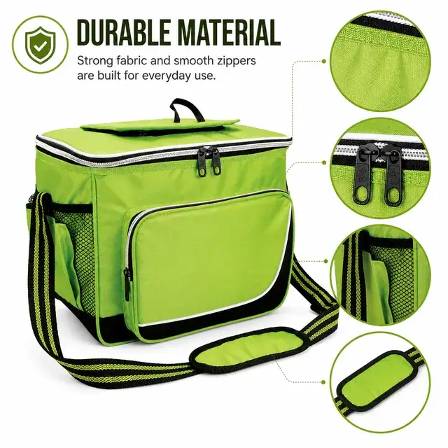Green Insulated Lunch Bag with Adjustable Shoulder Strap (420D Jacquard, 30×20×24cm) — construction detail 2