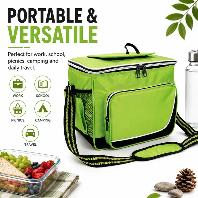 Green Insulated Lunch Bag with Adjustable Shoulder Strap (420D Jacquard, 30×20×24cm) — construction detail 3