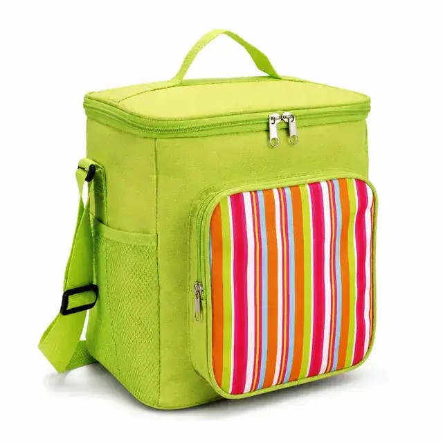 Green Insulated Lunch Bag with Colorful Striped Front Pocket (600D PVC, 25×17.5×27cm) — product view