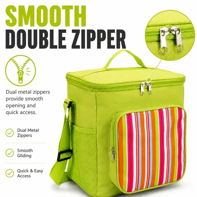 Green Insulated Lunch Bag with Colorful Striped Front Pocket (600D PVC, 25×17.5×27cm) — construction detail 2