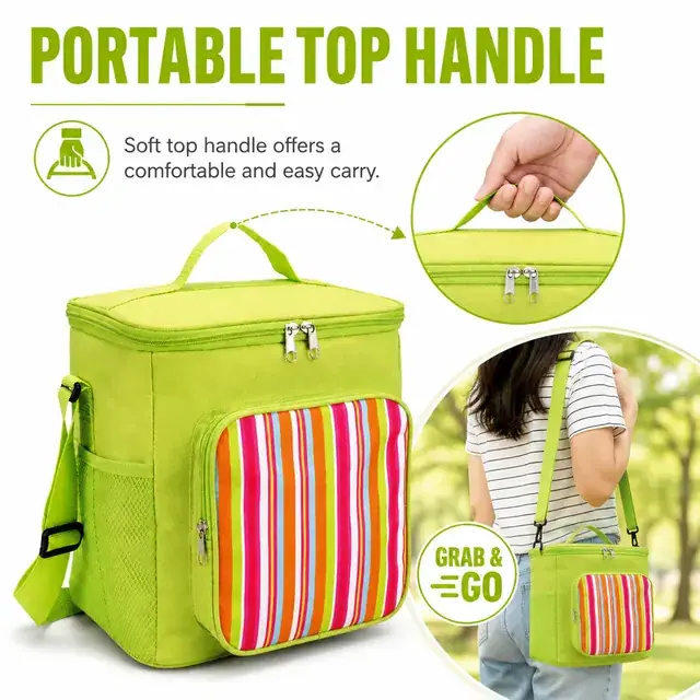 Green Insulated Lunch Bag with Colorful Striped Front Pocket (600D PVC, 25×17.5×27cm) — construction detail 3
