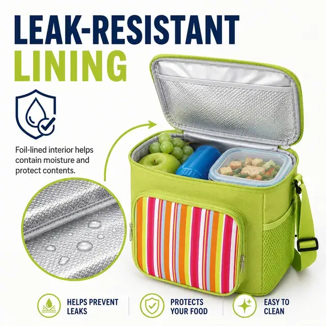 Green Insulated Lunch Bag with Colorful Striped Front Pocket (600D PVC, 25×17.5×27cm) — construction detail 4