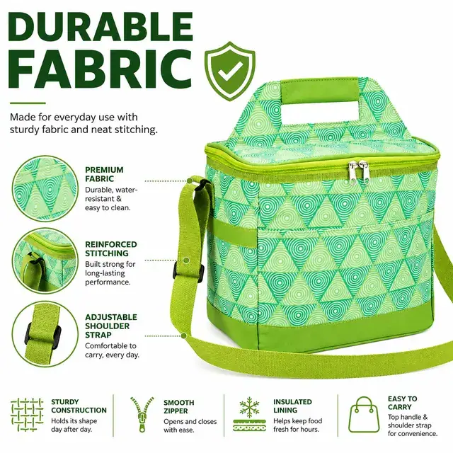 Green Insulated Lunch Bag with Spiral Pattern and Shoulder Strap (600D PVC, 27x19x25 cm) — construction detail 3