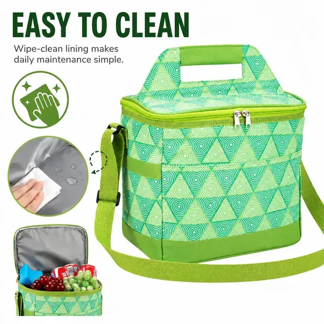 Green Insulated Lunch Bag with Spiral Pattern and Shoulder Strap (600D PVC, 27x19x25 cm) — construction detail 4