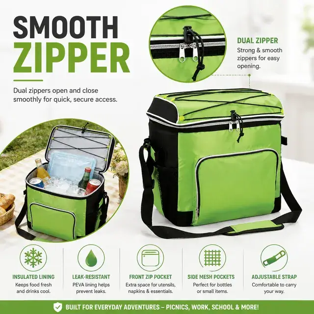 Green Insulated Lunch Bag with Zipper and Adjustable Strap (420D/PVC, 31.5x25.5x34 cm) — construction detail 1