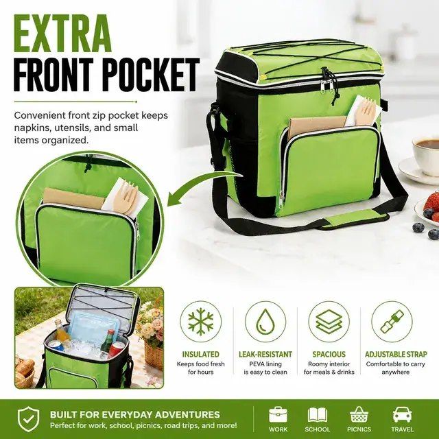 Green Insulated Lunch Bag with Zipper and Adjustable Strap (420D/PVC, 31.5x25.5x34 cm) — construction detail 2