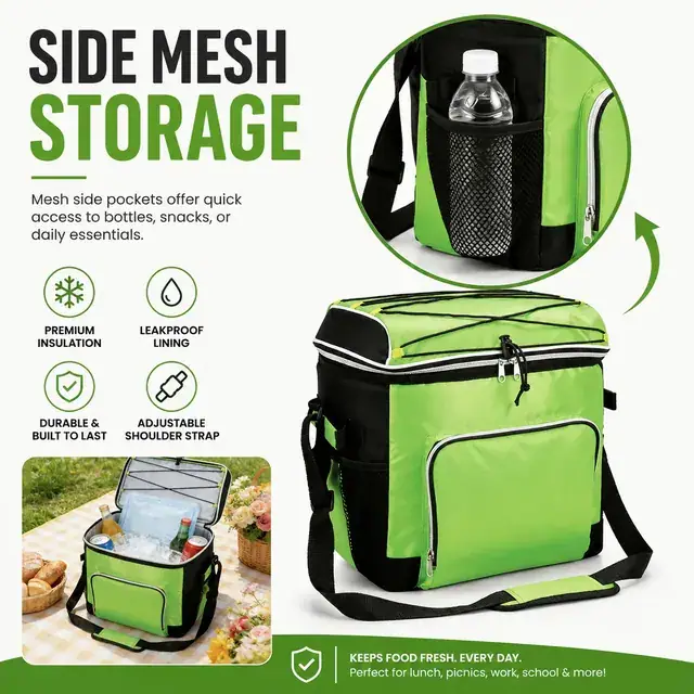 Green Insulated Lunch Bag with Zipper and Adjustable Strap (420D/PVC, 31.5x25.5x34 cm) — construction detail 3