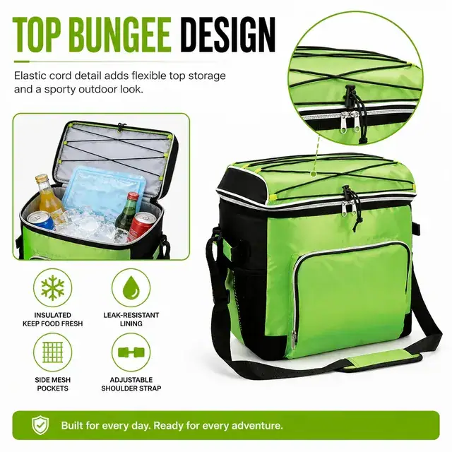 Green Insulated Lunch Bag with Zipper and Adjustable Strap (420D/PVC, 31.5x25.5x34 cm) — construction detail 4