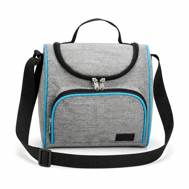 Grey Insulated Lunch Bag with Blue Trim and Adjustable Strap (600D Two-Tone Polyester/PVC, 23x13x23 cm) — product view