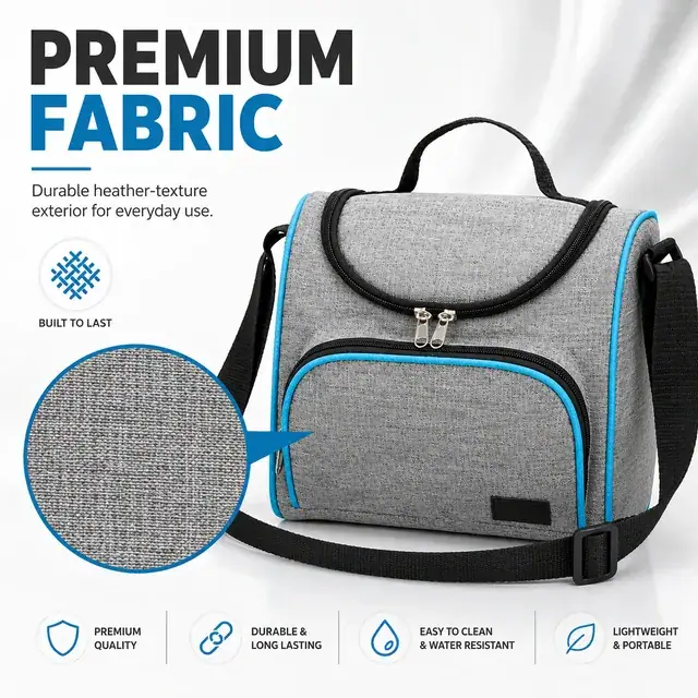 Grey Insulated Lunch Bag with Blue Trim and Adjustable Strap (600D Two-Tone Polyester/PVC, 23x13x23 cm) — construction detail 1