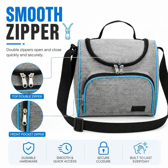 Grey Insulated Lunch Bag with Blue Trim and Adjustable Strap (600D Two-Tone Polyester/PVC, 23x13x23 cm) — construction detail 2