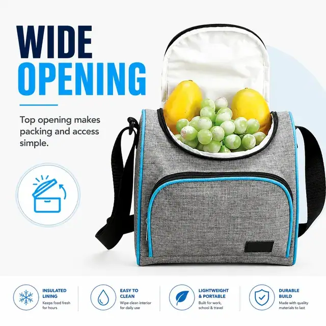 Grey Insulated Lunch Bag with Blue Trim and Adjustable Strap (600D Two-Tone Polyester/PVC, 23x13x23 cm) — construction detail 3